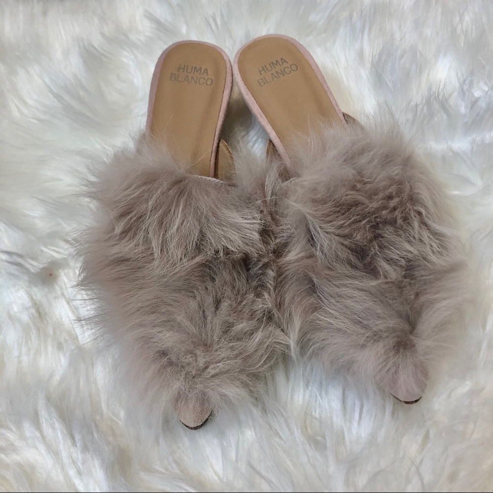 Huma Blanco pink rose fur slides Antonia cruelty free alpaca Peru handmade suede - Picture 15 of 16